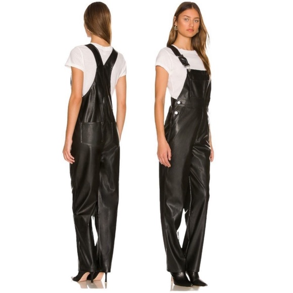 WeWoreWhat Pants - NWT $178 WEWOREWHAT Black Vegan Leather Relaxed Fit Moto Suspenders Overalls S